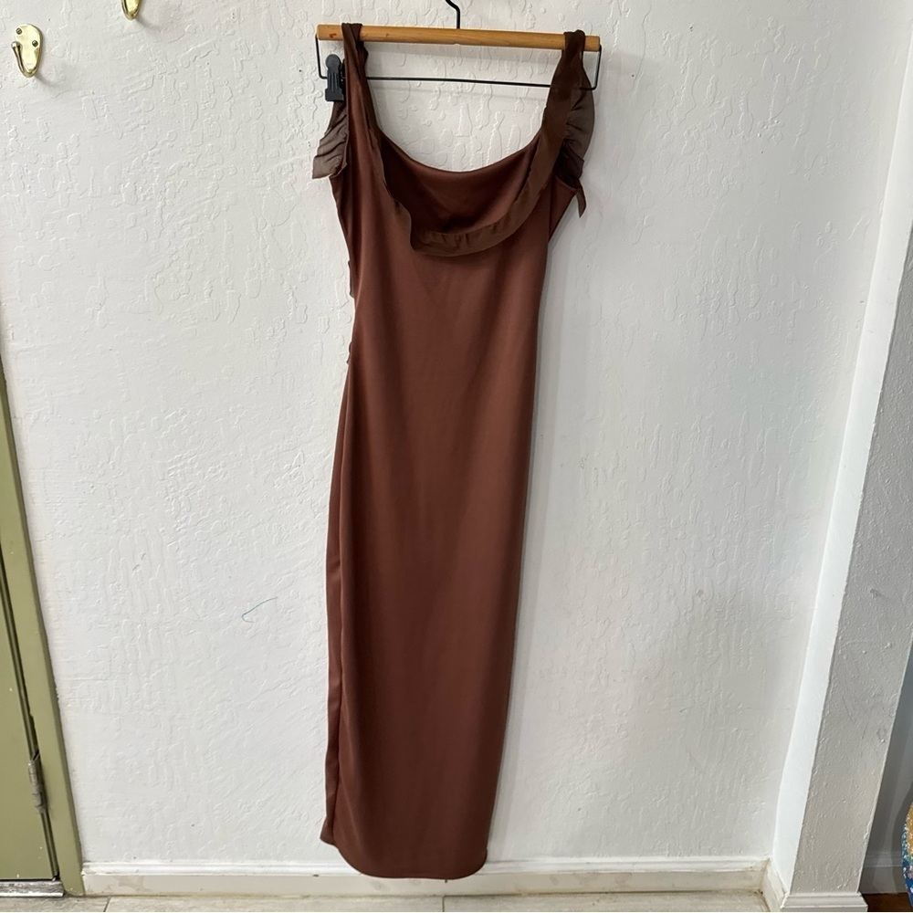 Chocolate Brown Ruffle Bodycon Tank Midi Side Slit Dress Small - Picture 2 of 5